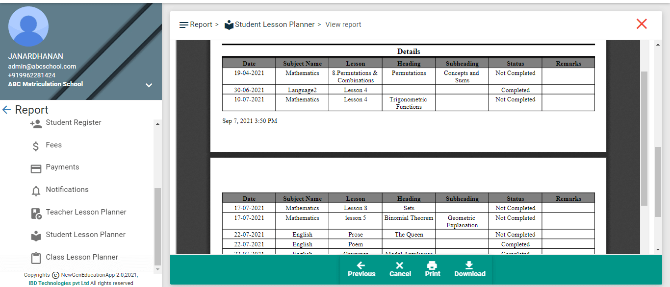 Student Lesson Planner Report- Details table
